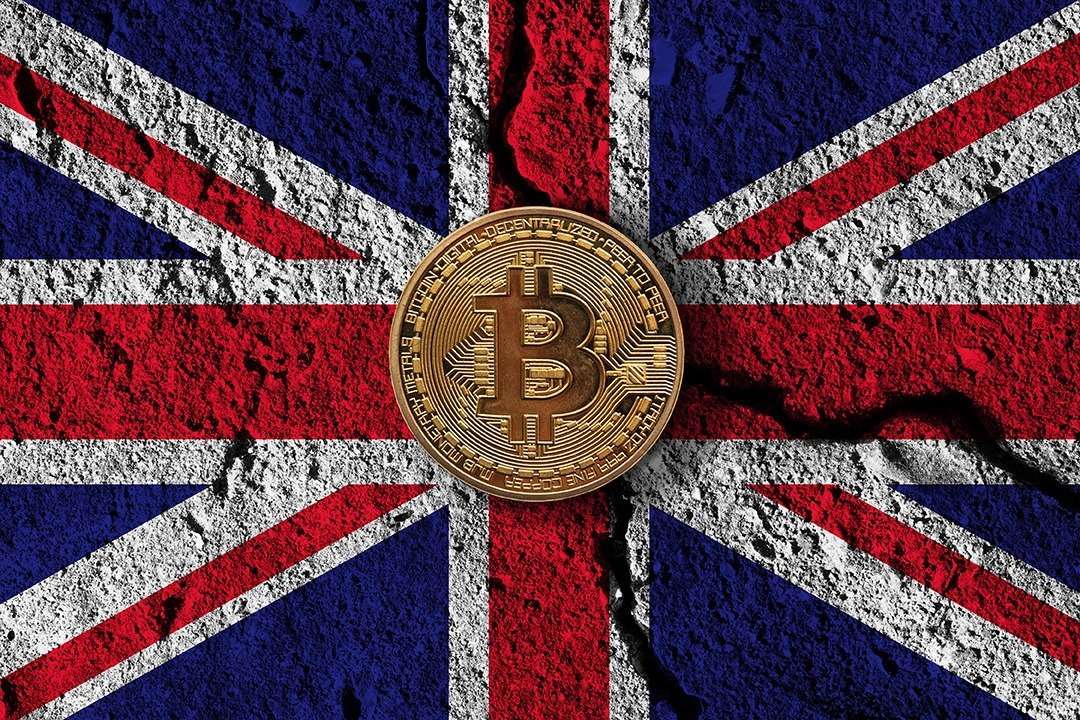 A crypto-themed version of the British flag featuring a Bitcoin emblem, highlighting the interconnectedness of blockchain technology and decentralized finance (DeFi).