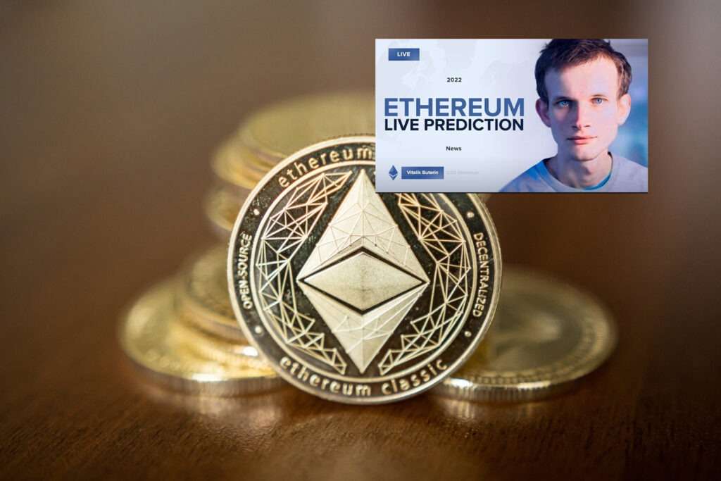 A stack of Ethereum coins with a picture of an Ethereum live prediction, showcasing the power of DeFi.