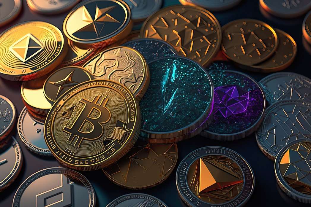 Many different crypto coins including Bitcoin and Etherium coins.