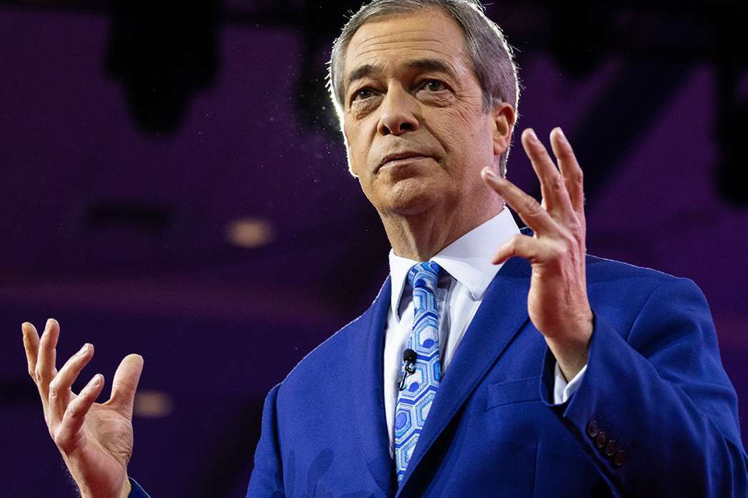 Nigel Farage, a man in a suit and tie, is making a gesture while expressing his belief that Bitcoin is the best anti-lockdown asset.