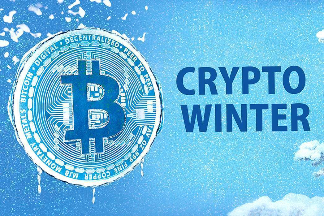 A blue background with the words crypto winter on it, combining elements of Crypto and blockchain technology.