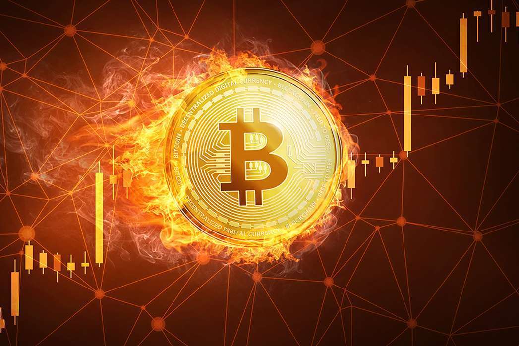 A cryptocurrency engulfed in flames against a dark backdrop.