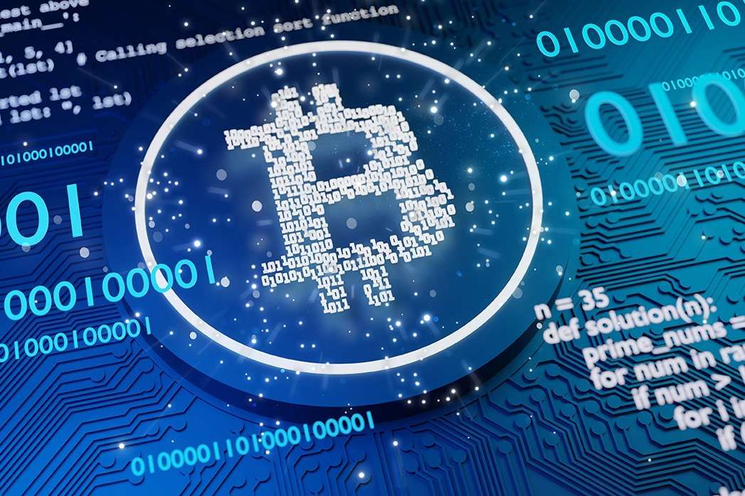 A blue background with a bitcoin symbol, highlighting its connection to the blockchain genesis block.