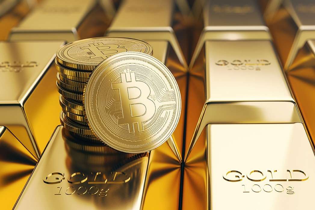 A gold coin sits on top of a stack of gold bars in the world of blockchain.