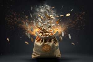 An NFT "sack of coins" representing bitcoins, with blockchain technology ensuring authenticity and value, all metaphorically represented by the fiery flames emanating from within.
