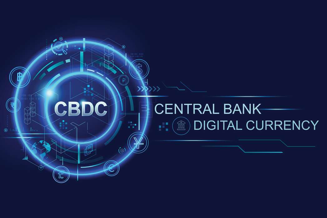 The logo for cbdc central bank digital currency incorporates elements of blockchain technology and utilises the concept of NFTs.