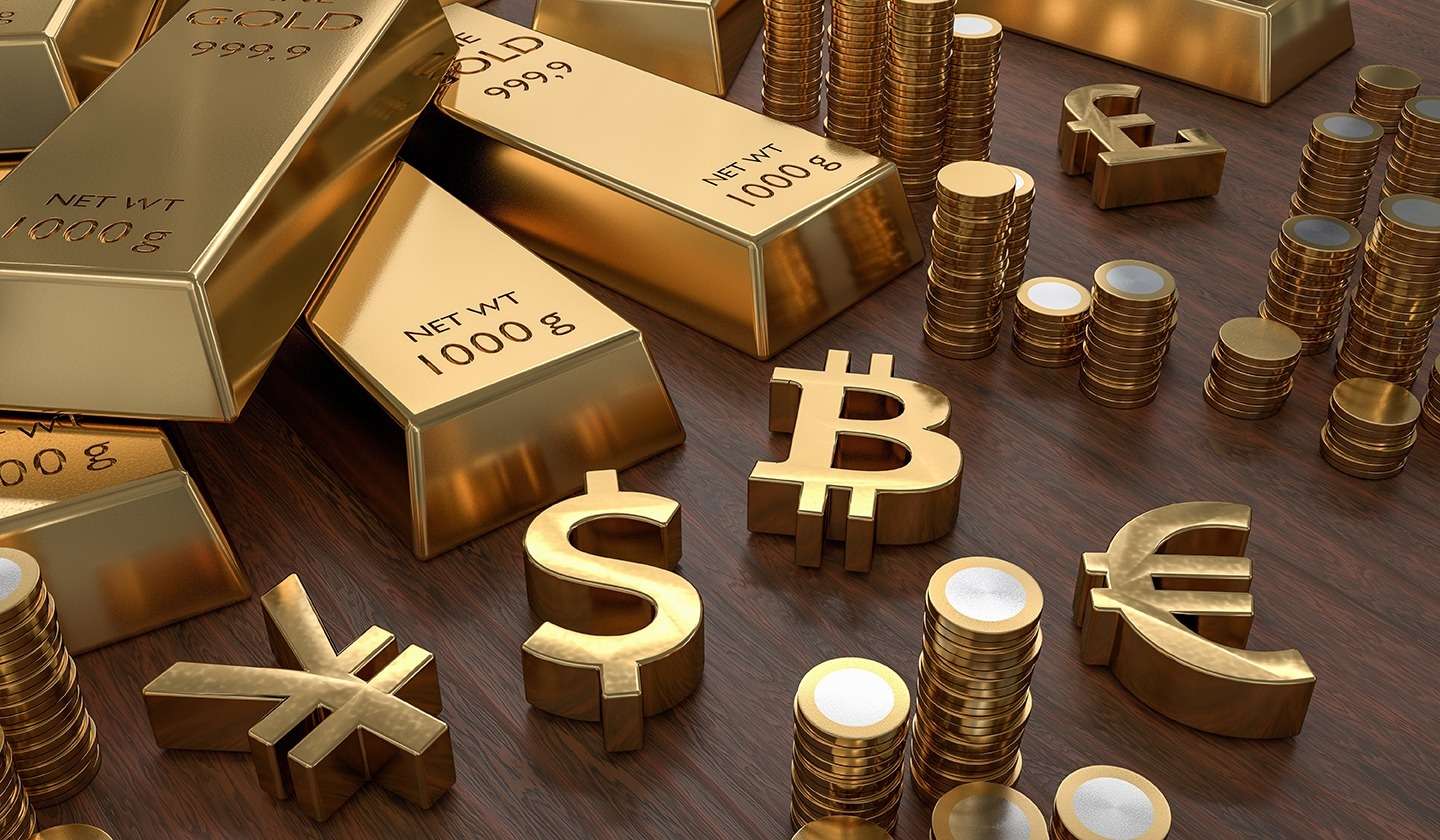 Gold bars and currency symbols on a wooden table in the world of cryptocurrency.