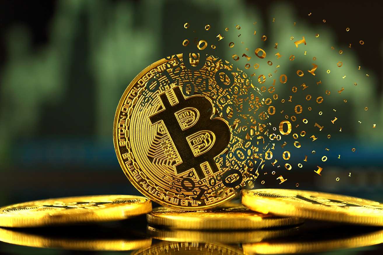 A golden bitcoin sitting on top of a stock chart, showcasing the growing influence of the bitcoin in the world of NFTs and decentralized finance (DeFi).