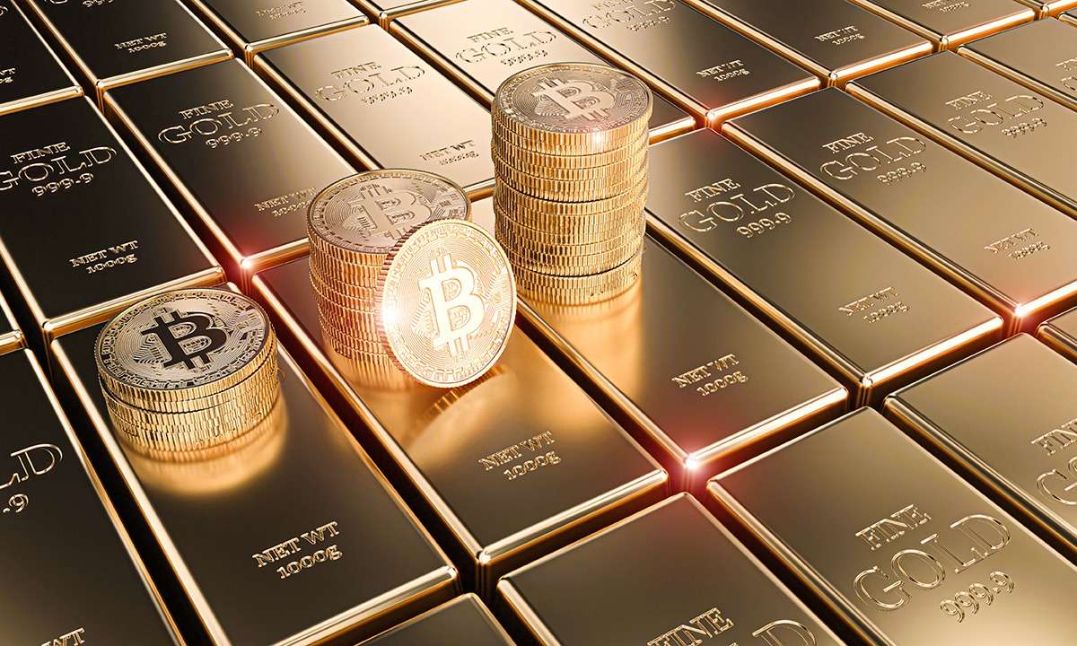 A stack of gold coins and bitcoins on a blockchain background.