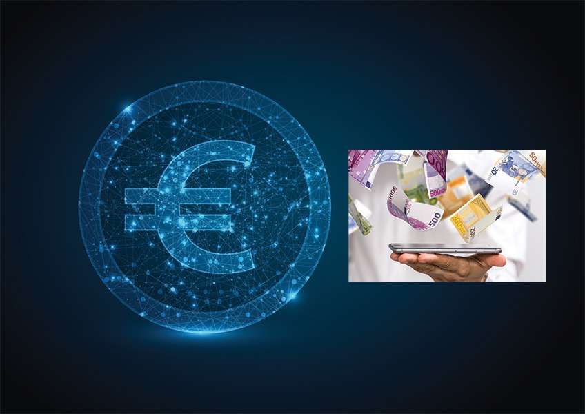 A man is holding a phone with a bitcoin symbol on it.