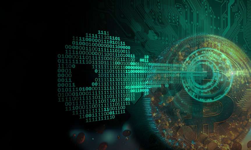 A blockchain-based image of a bitcoin displayed on a computer screen.