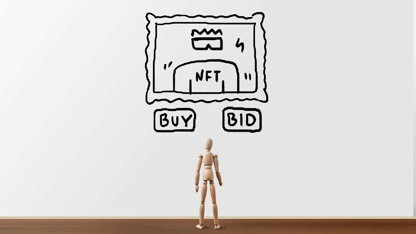 A mannequin standing in front of a wall with a sign saying not to buy crypto.