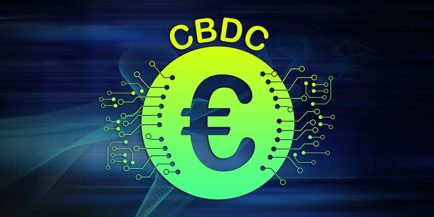 The cbdc logo on a blue background showcases its connection with blockchain technology.