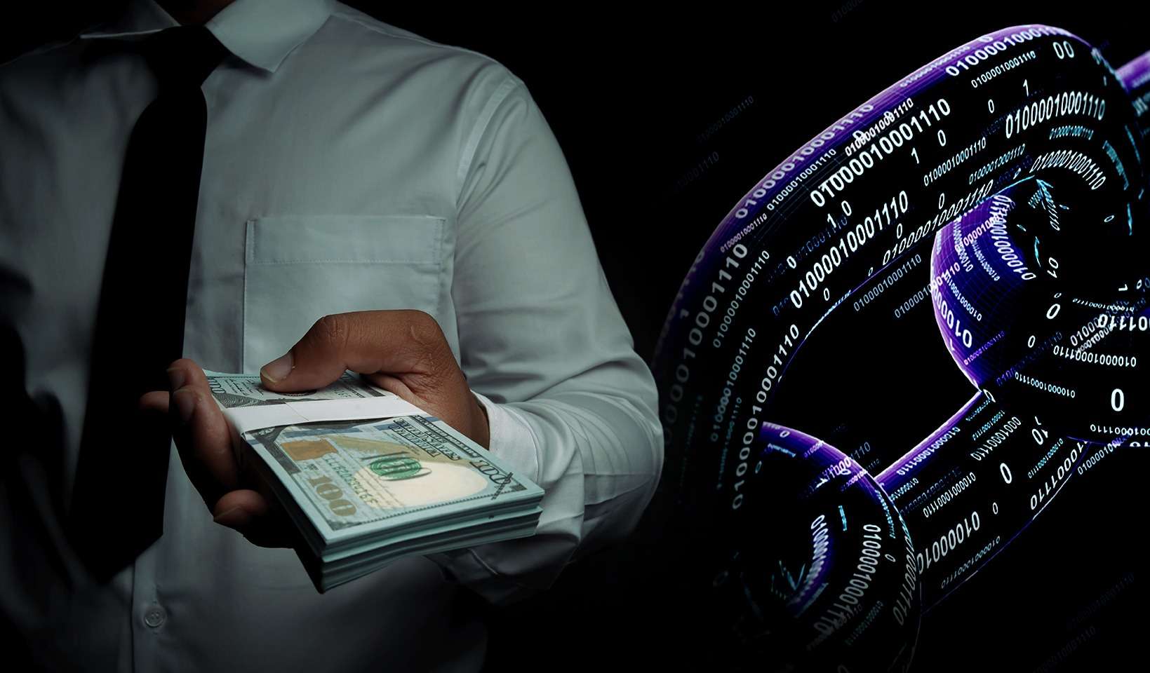A man holding money in front of a chain link, demonstrating his interest in defi.