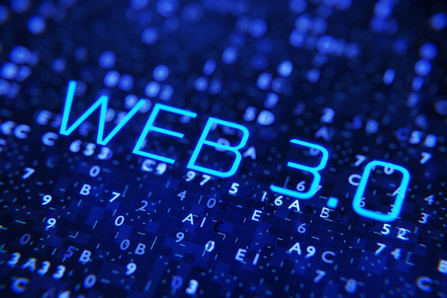 The word web 3.0 on a blue background showcasing the potential of blockchain technology.