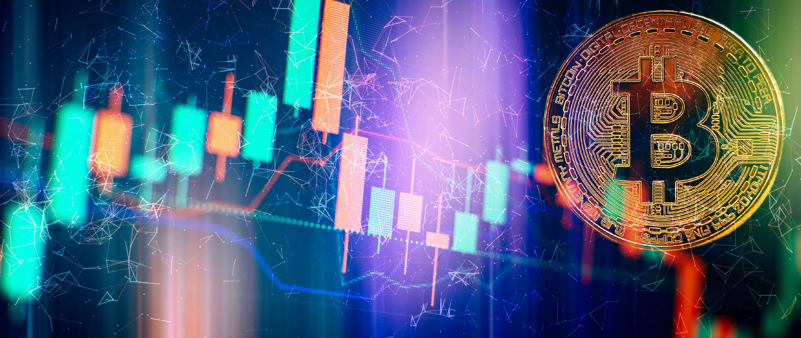 In the background of a stock chart, a bitcoin is displayed.