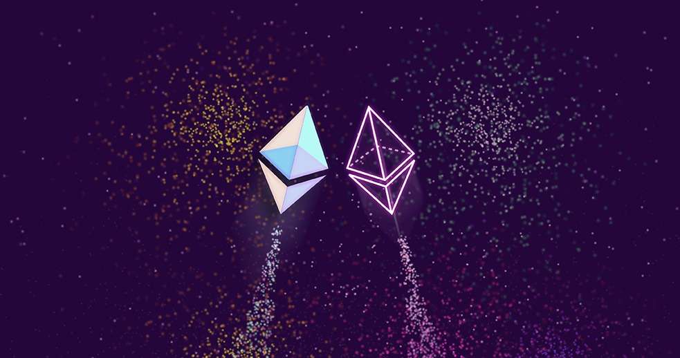 Two ethereum coins, symbolic of the blockchain and crypto revolution, gracefully soar through the air.