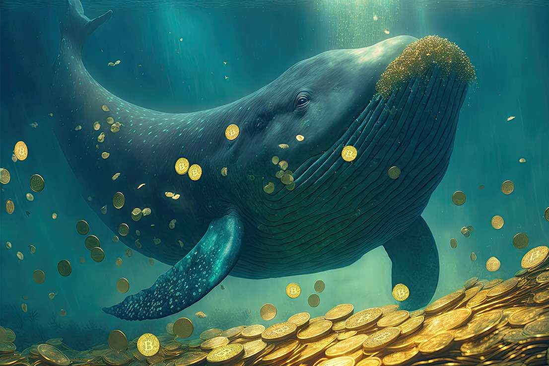 A whale is swimming in the ocean with ukcrypto coins.