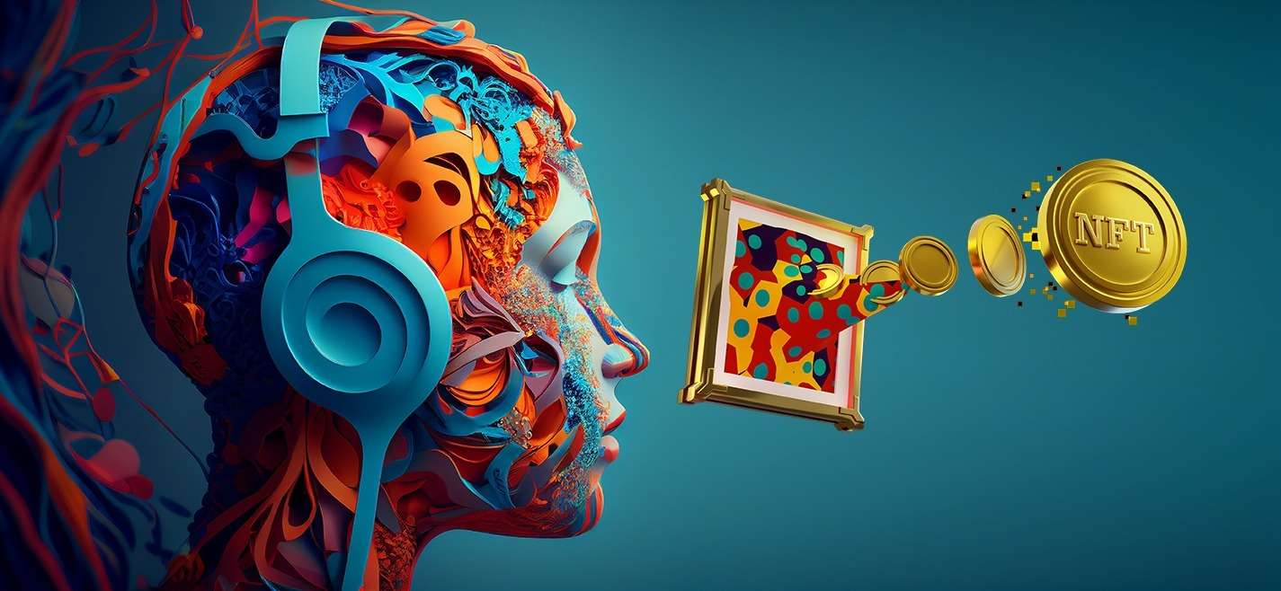 A woman's head with headphones listening to DeFi, ukcrypto and crypto discussions, accompanied by a picture of a coin.