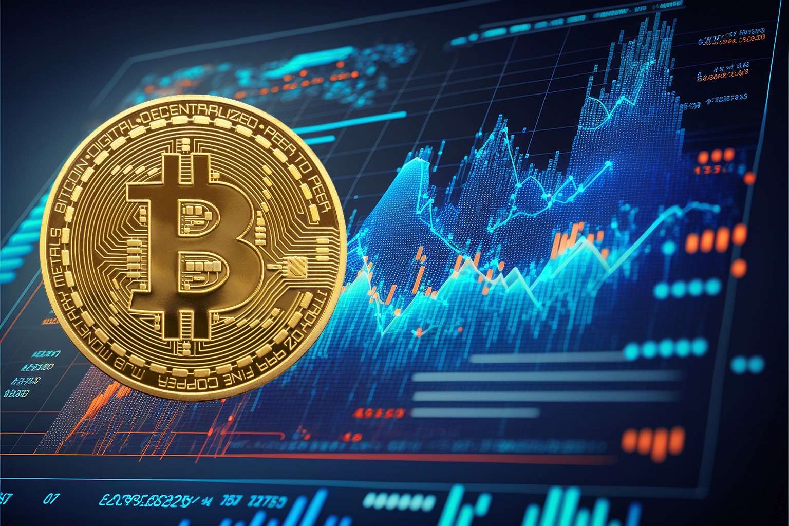 An NFT bitcoin sitting on top of a graph.