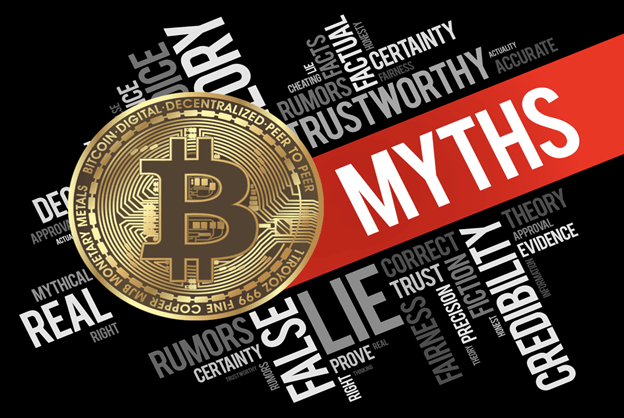 Bitcoin myths bitcoin image on background of trueful words.