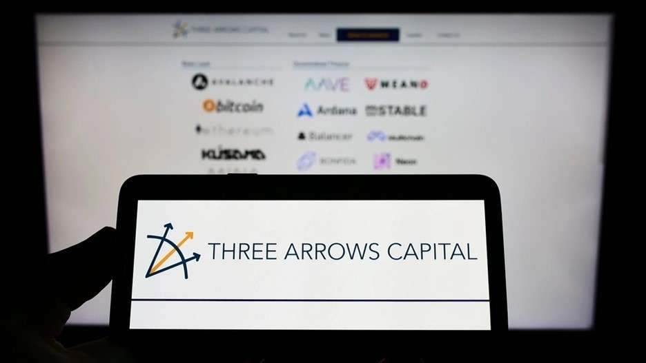 Three arrows capital's logo, representing their involvement in the crypto industry, is displayed on a computer screen.