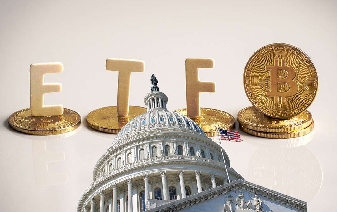 A stack of coins with the words Bitcoin ETF in front of the capitol building.