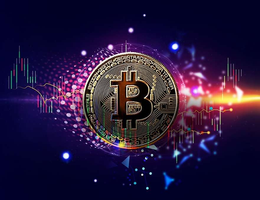 Bitcoin on a blockchain background.