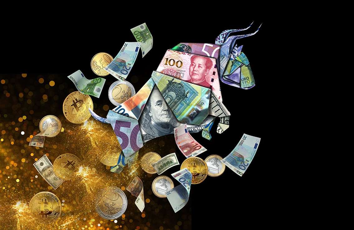 A blockchain-enabled bull with money flying out of his mouth, showcasing the intersection of NFTs and DeFi.