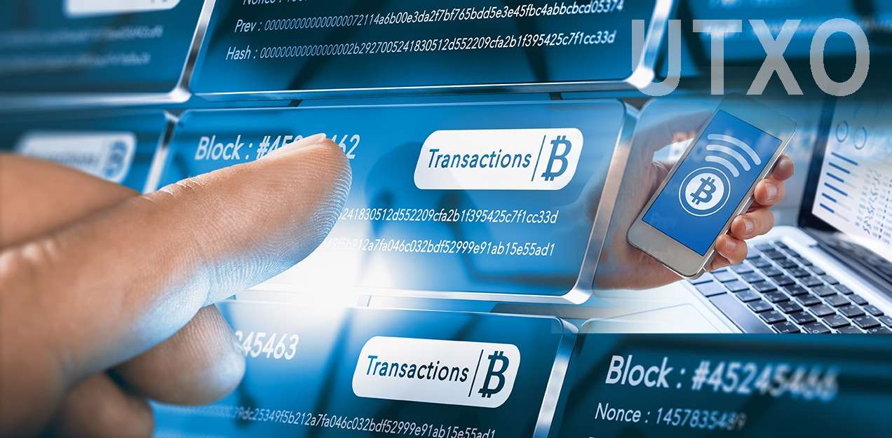 A hand is pointing at a computer screen displaying the UTXO model for a Blockchain network.