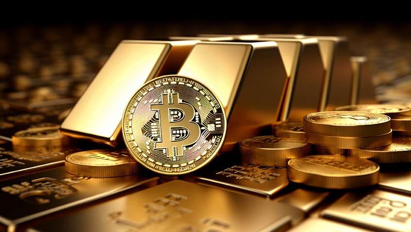Tether Gold coins on a gold bar background.