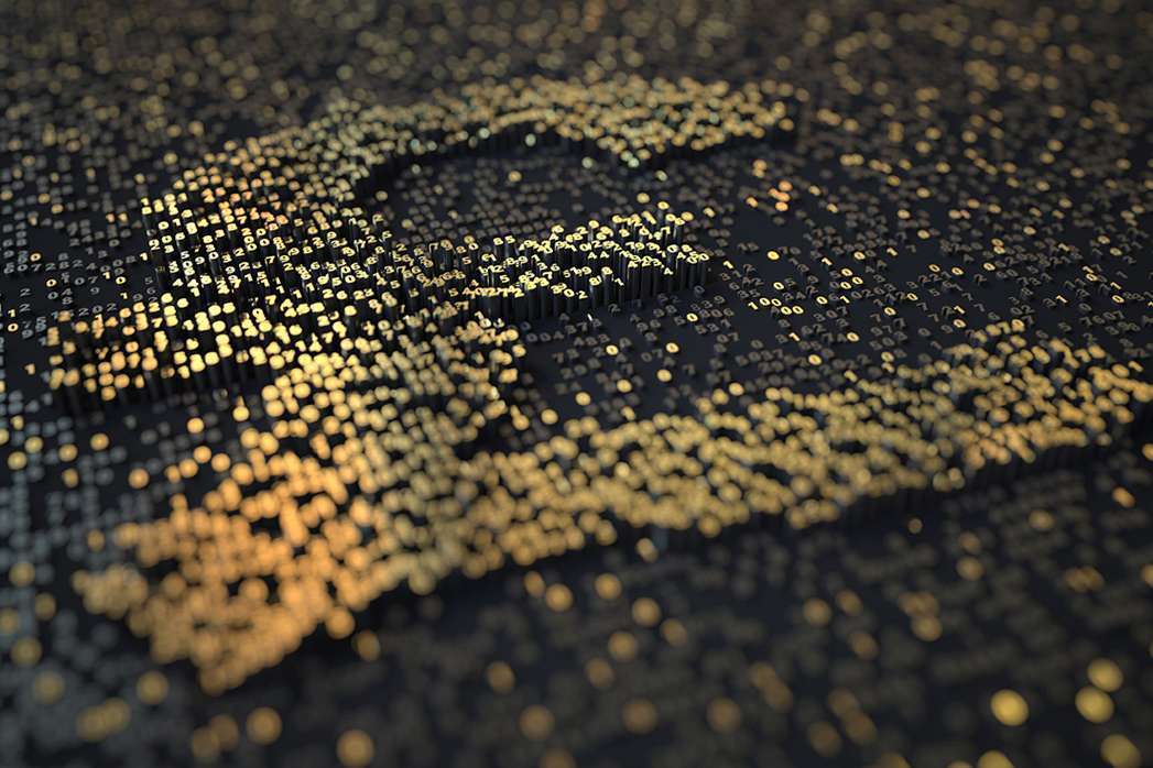 A digital pound sign on a black background. Britcoin UK based Stablecoin.