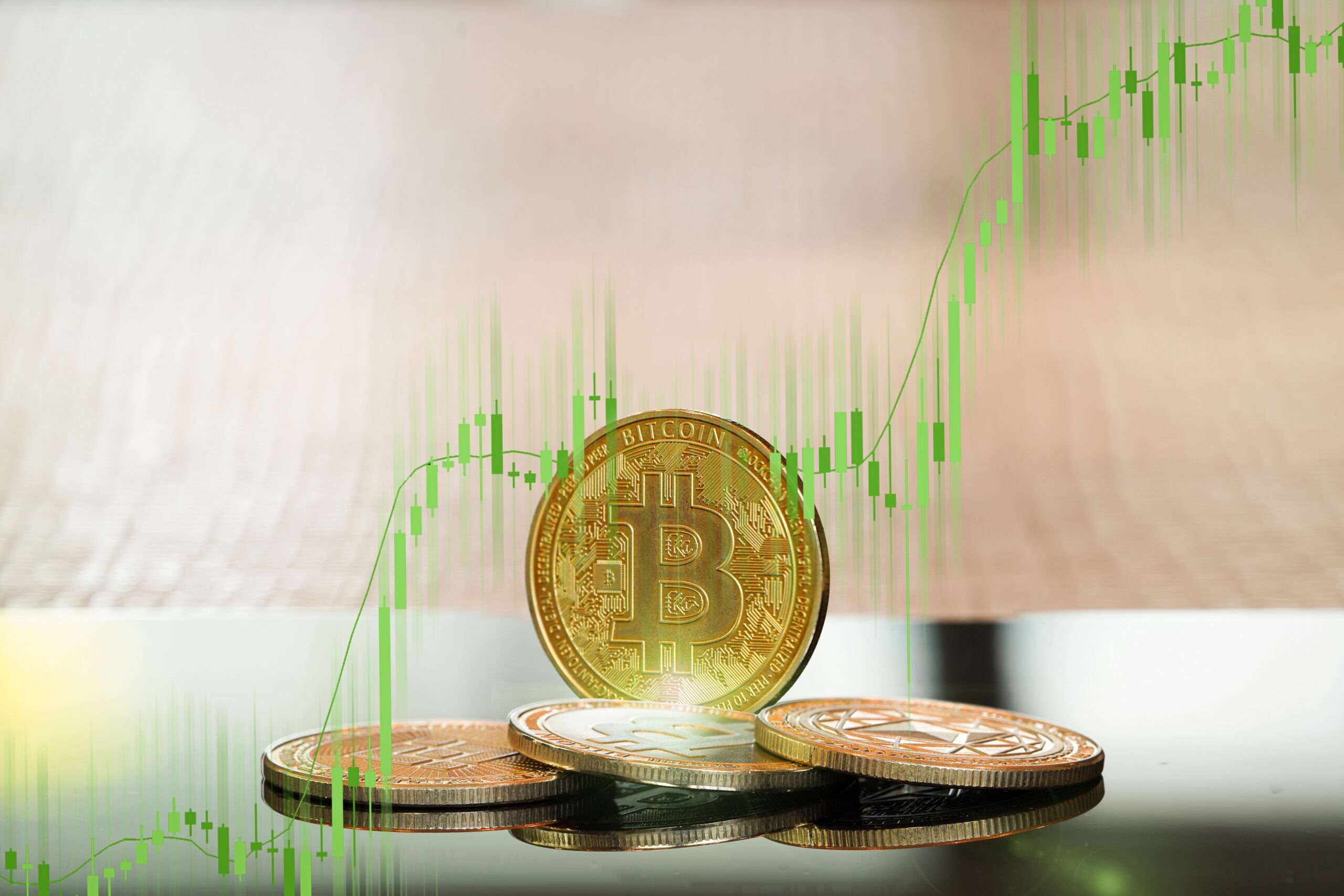 Bitcoin displayed on a background featuring Bull market green candles.