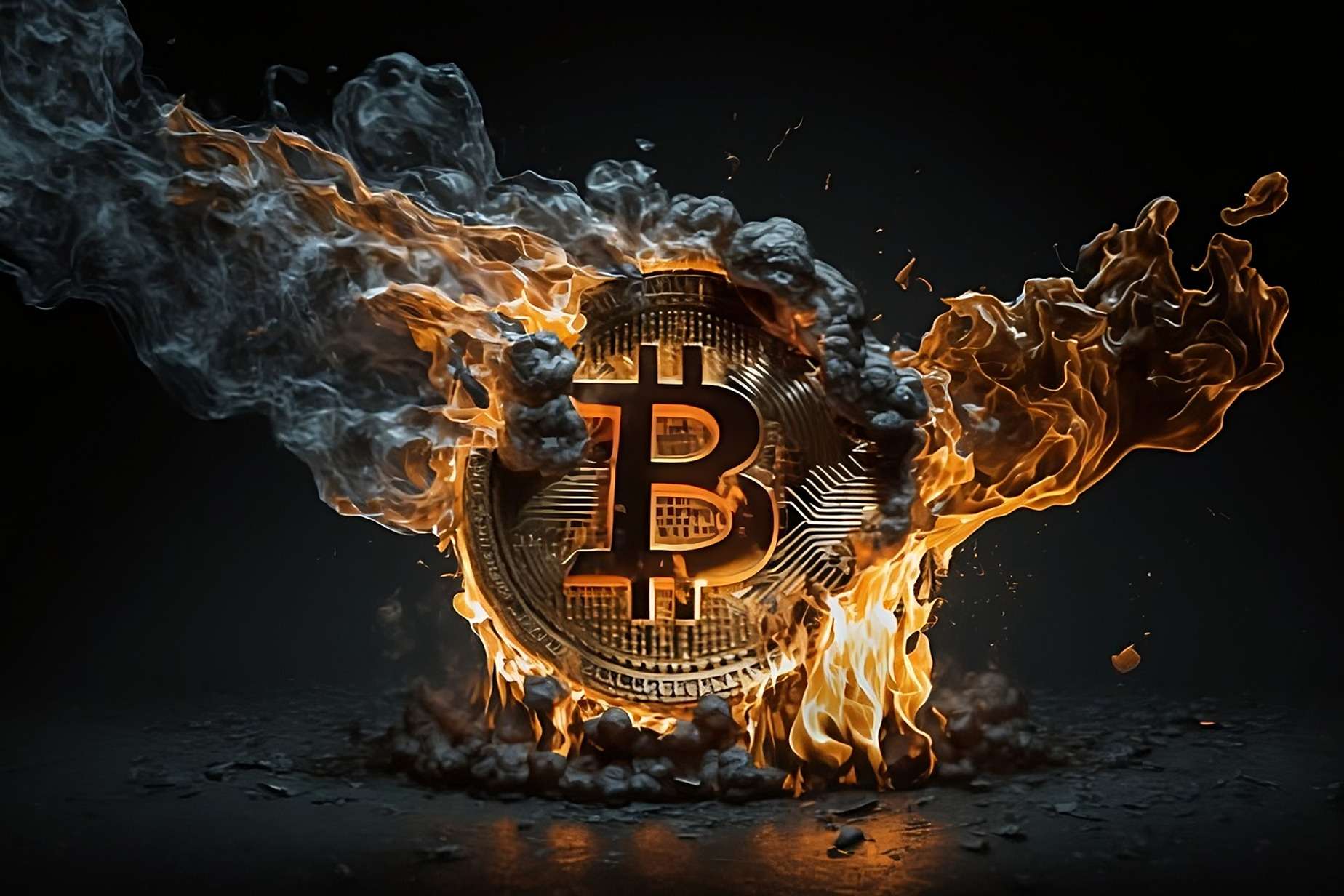 Bitcoin on fire suggesting Environmental Impact of Bitcoin Mining. Also Bitcoin is on fire.
