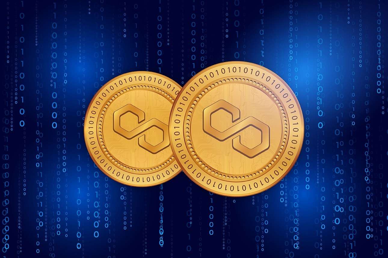 Polygon (Matic) crypto coins on a Blockchain background.