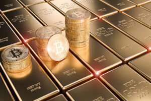 Bitcoin coins stacked on blocks of Gold bars as the background.