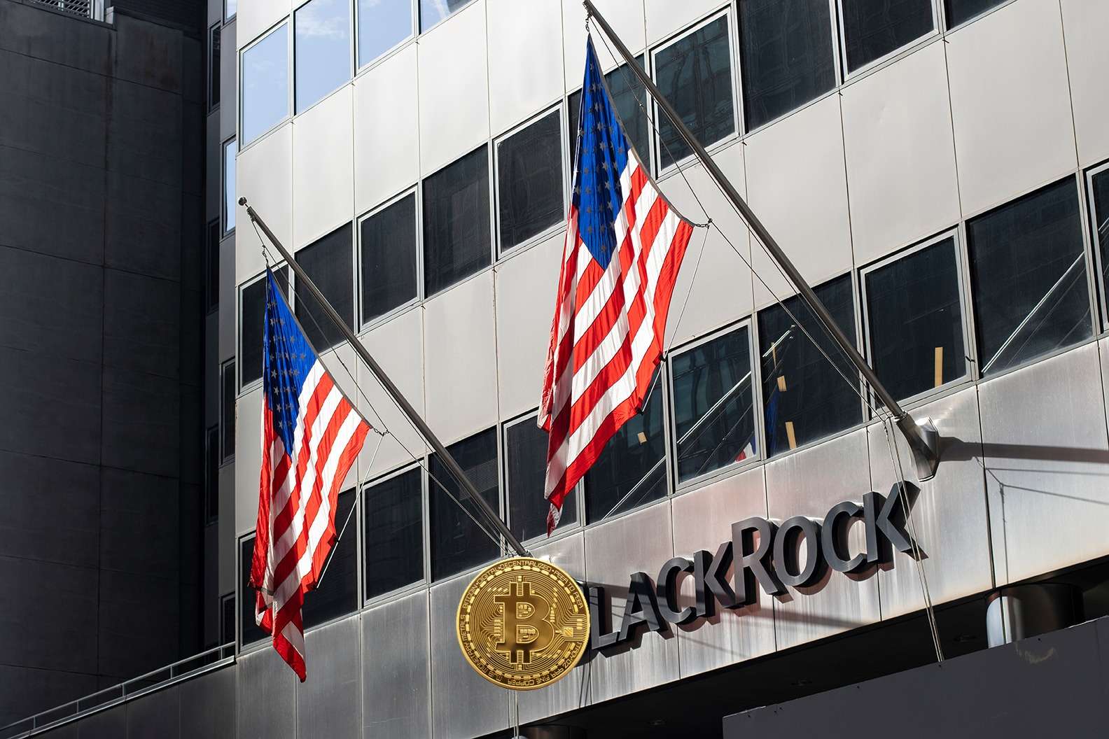 A Blackrock building adorned with two american flags, symbolizing national pride and resilience. Bitcoin logo for ETF.