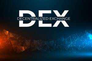 Decentralized crypto exchanges (DEX) on a blockchain coloured background.