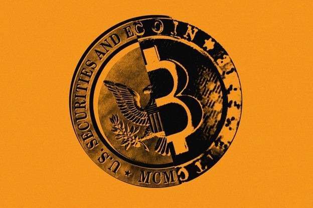 Combination of Sec and Bitcoin logos for ETF approval.