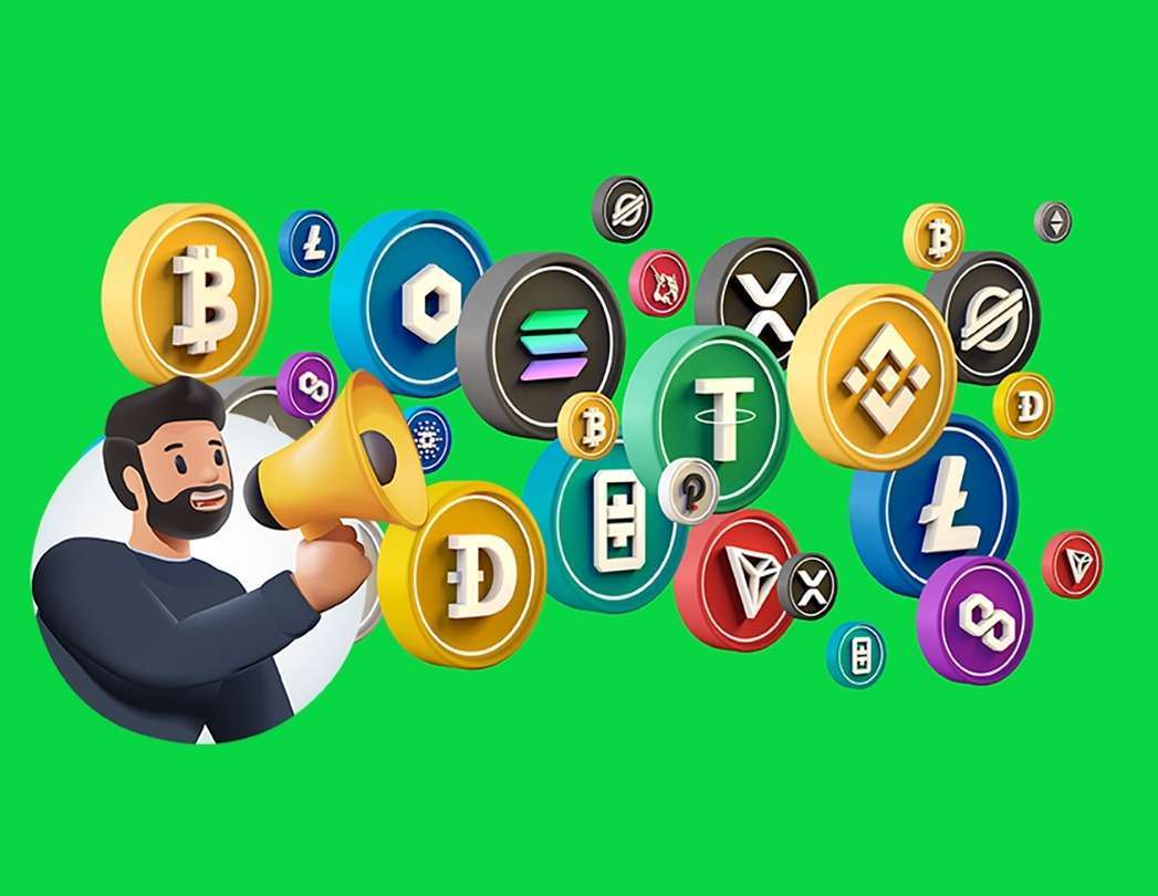 Crypto Influencers on a background of cryptocurrencies.