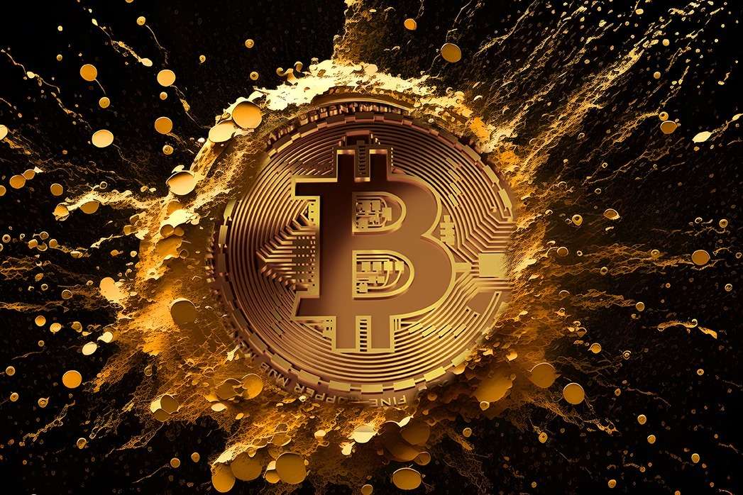 Bitcoin on a gold exploding background that no one can control Bitcoin and it's going to explode in 2024 to the mainstream.