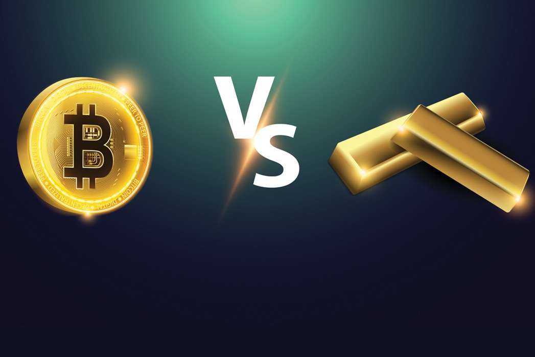 Bitcoin vs gold illustration on a black and green background.