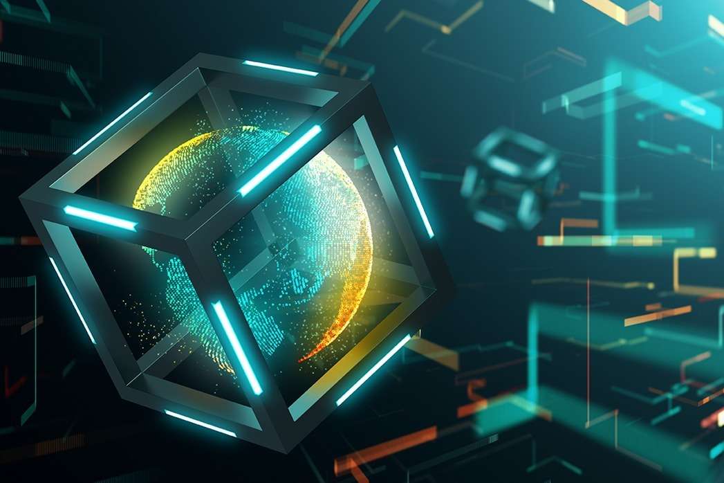 Next-generation Blockchain is 3.0 blockchain backgrounfd with cube holding the world.