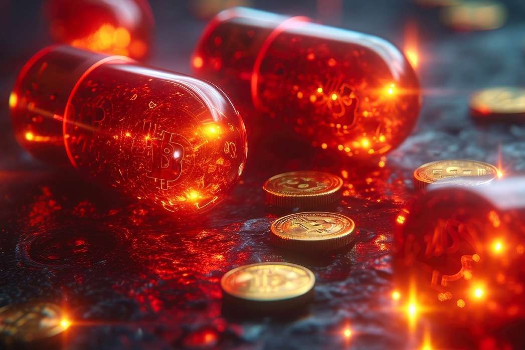 Bitcoin trading addiction showing pills and Bitcoin on red background.