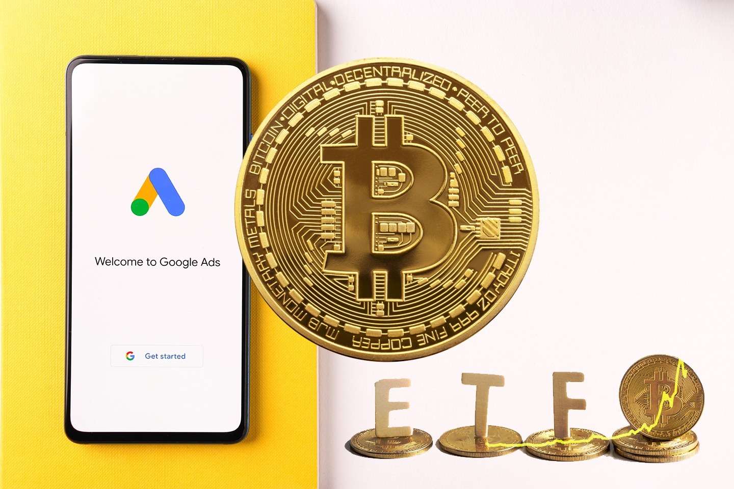 Google Ads on mobile phone showing bitcoin ETFs ads will be available soon.