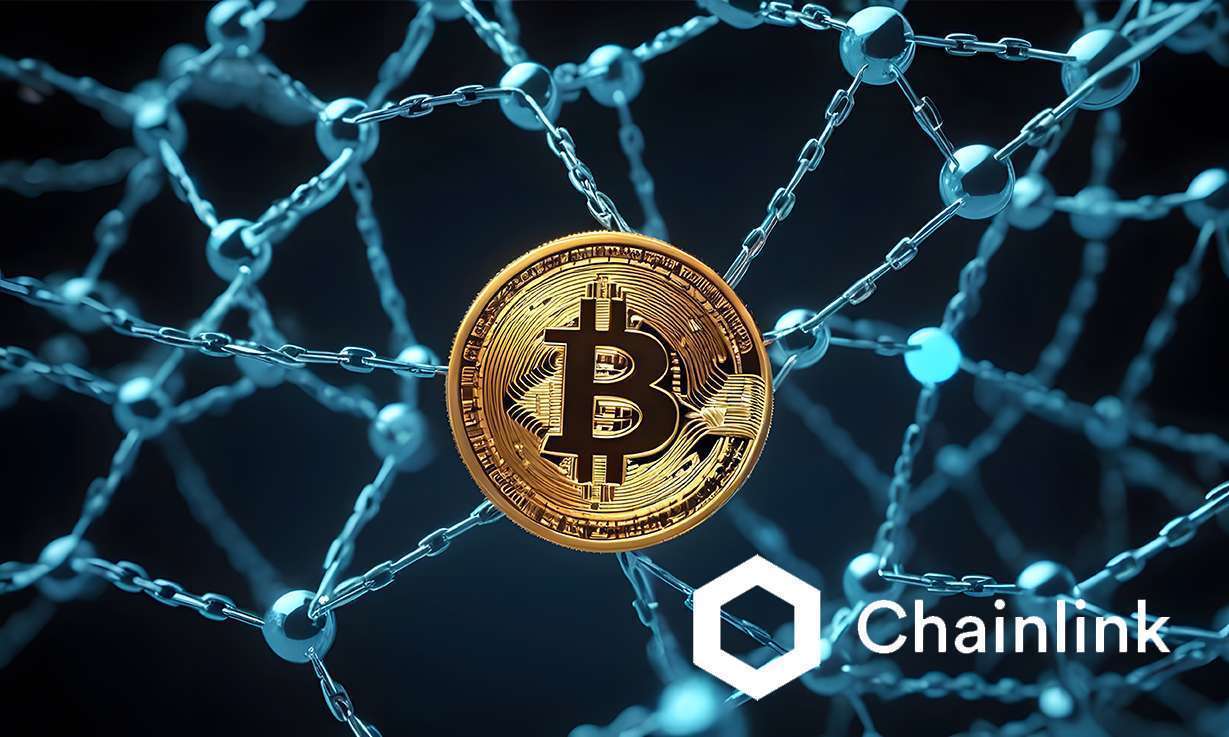 A radiant Bitcoin is anchored in a web of golden chains against a backdrop of digital networks, representing the strength and interconnectedness of cryptocurrency markets.