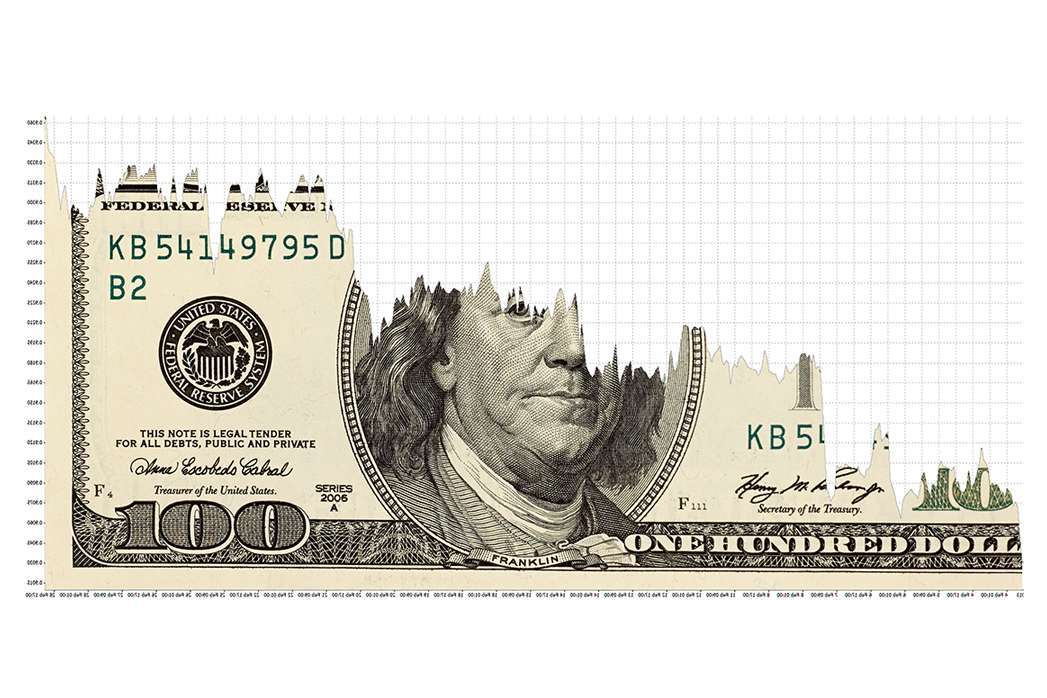 Dates falling dollar on white background.