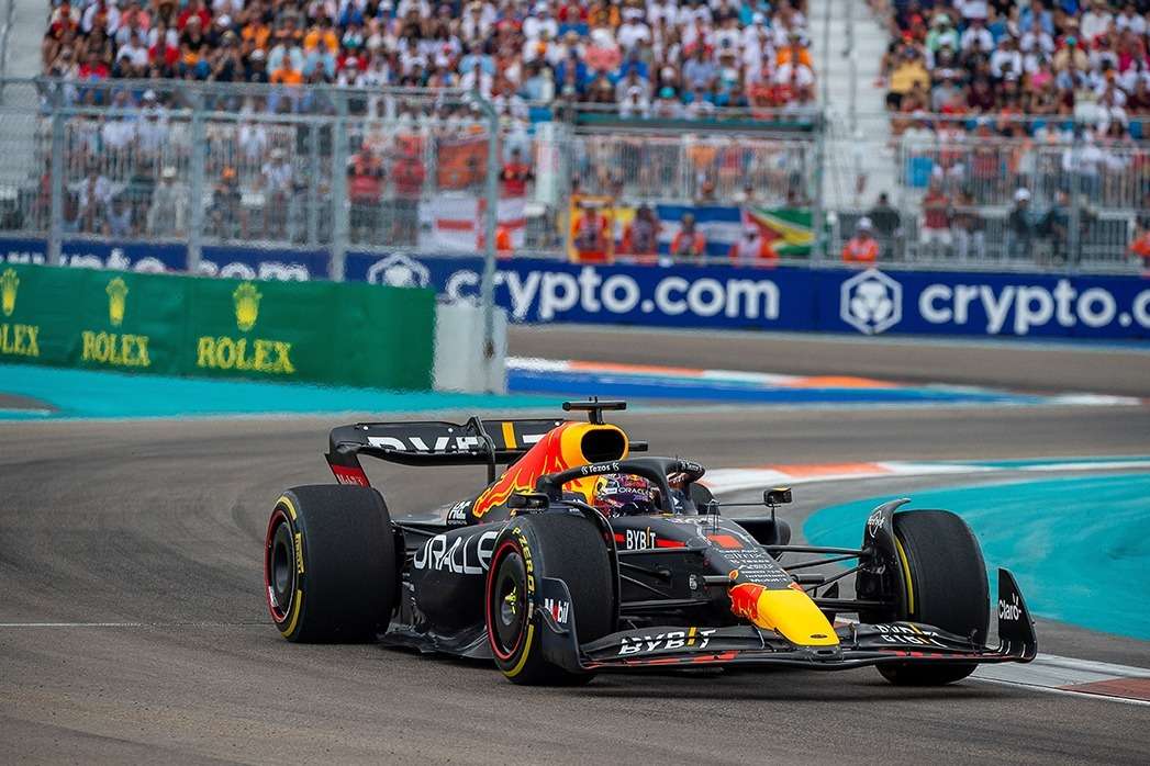 Miami Gardens, FL USA - 05 08 2022: F1 Driver Max Verstappen driving Redbull car 1 at the Formula 1 Crypto.com Miami Grand Prix 2022.