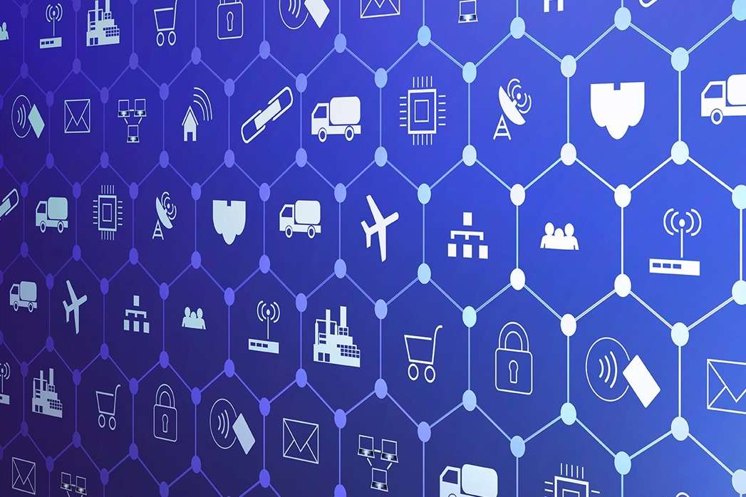 IoT (Internet of things ) or Industry 4.0 (industrial internet) banner. Concept and infographic. Connected devices and objects with business automation flow a blue background. landing page template