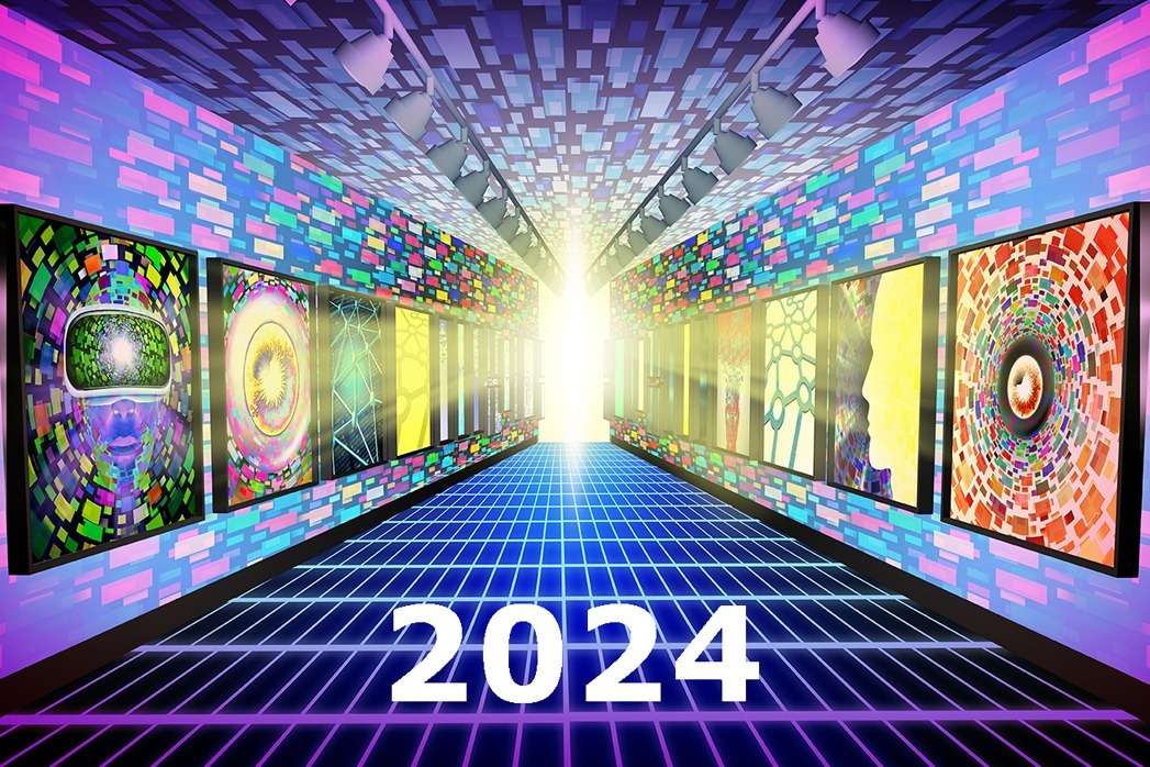 Crypto Virtual Museum and Metaverse internet NFT display as a futuristic streaming media symbol as augmented reality and computer media concept in a 3D illustration style.